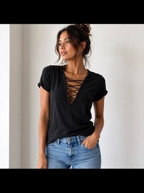 Charlotte Russe Black Lace-Up V-Neck Short Sleeve Top